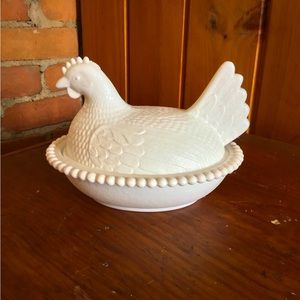 Vintage milk glass hen on a nest glass candy dish